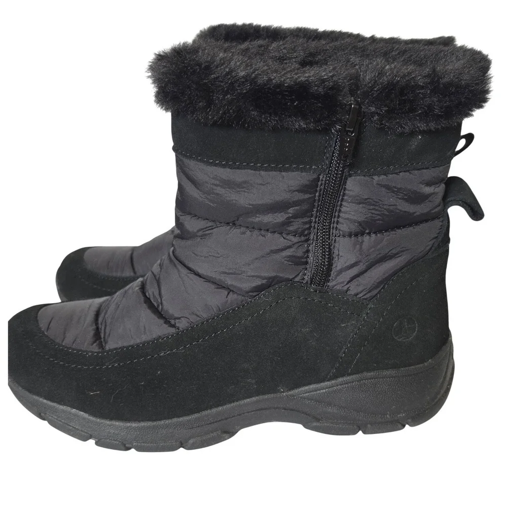 Lands End Womens Black Quilted Faux Fur Trim Winter Snow Boots 532382 US 8B